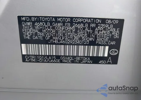 2009 Lexus Es 350 from USA, damaged, VIN JTHBJ46G292340123